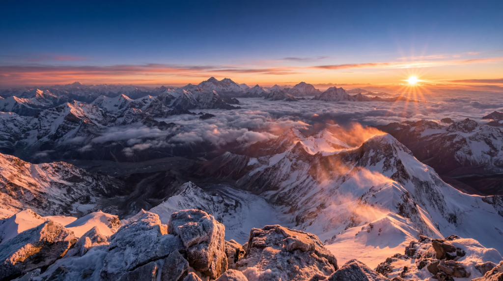 Panoramic View of the himalayas from Mt. Everest at sunset.